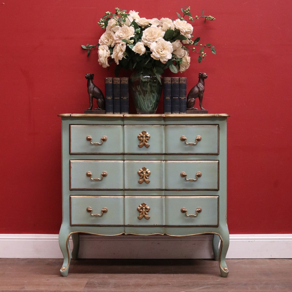 Hand-Painted Turquoise and Gilt Marie Antoinette Chest of Drawers or Three Drawer Chest. B12212