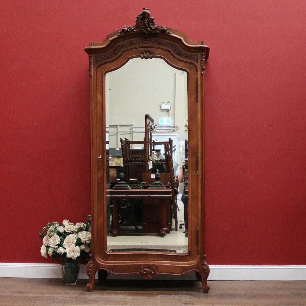 Antique French Walnut and Bevelled Glass Mirror Door Linen Press or Storage Cabinet. B12218