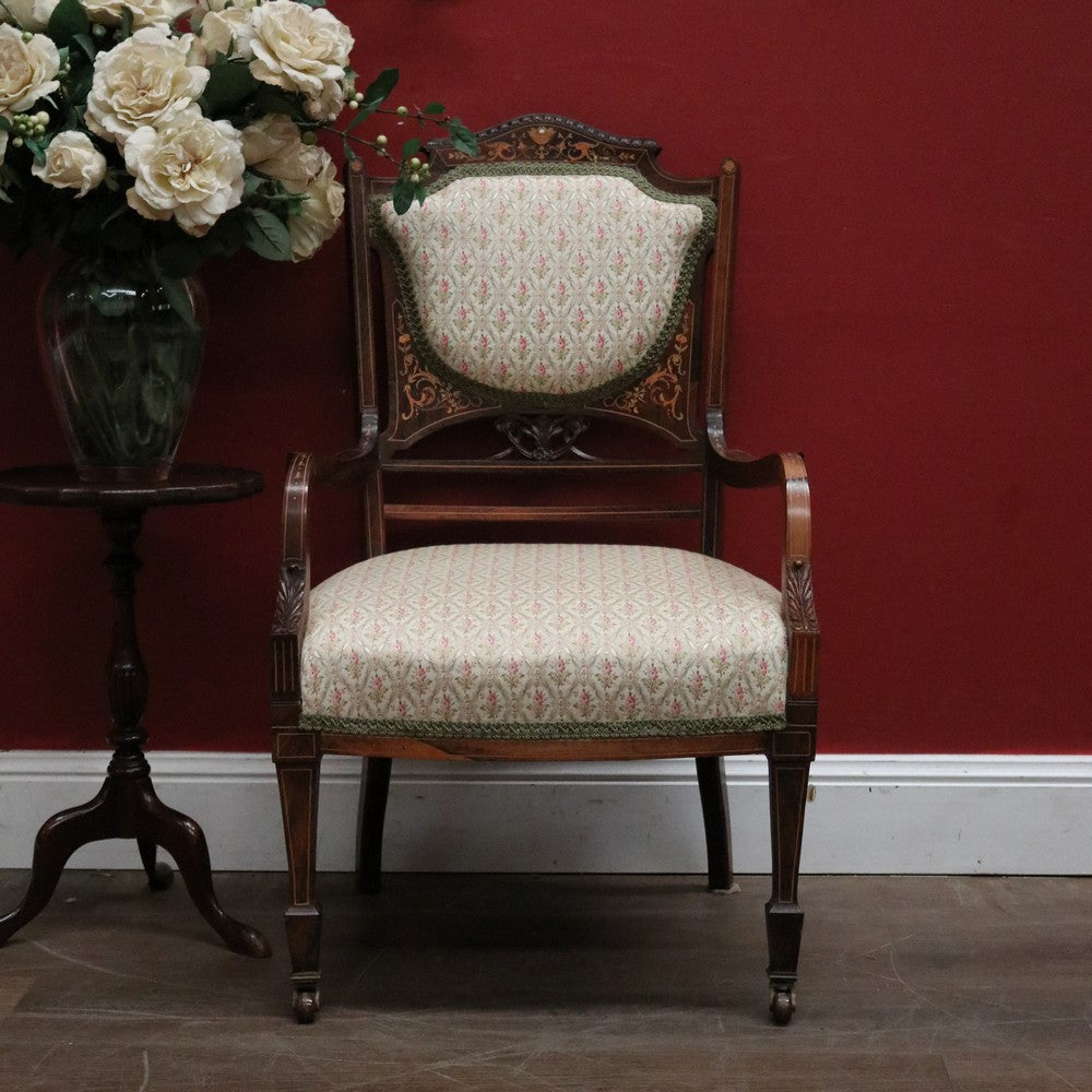 Antique French Chair, Padded back and Seat, Floral Fabric, Bedroom, Living or Hall Arm Chair. B12241