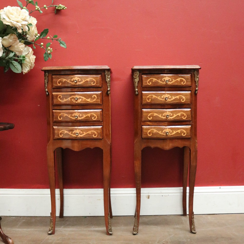 A Pair of French Walnut and Marquetry Inlay 4 Drawer Bedside Cabinets or Lamp Tables. B12242