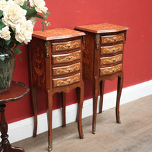 Load image into Gallery viewer, A Pair of French Walnut and Marquetry Inlay 4 Drawer Bedside Cabinets or Lamp Tables. B12242
