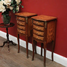 Load image into Gallery viewer, A Pair of French Walnut and Marquetry Inlay 4 Drawer Bedside Cabinets or Lamp Tables. B12242
