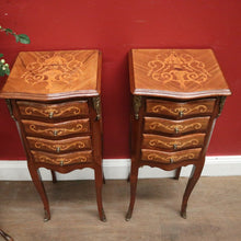 Load image into Gallery viewer, A Pair of French Walnut and Marquetry Inlay 4 Drawer Bedside Cabinets or Lamp Tables. B12242
