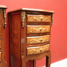 Load image into Gallery viewer, A Pair of French Walnut and Marquetry Inlay 4 Drawer Bedside Cabinets or Lamp Tables. B12242
