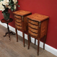 Load image into Gallery viewer, A Pair of French Walnut and Marquetry Inlay 4 Drawer Bedside Cabinets or Lamp Tables. B12242
