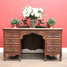 Load image into Gallery viewer, x SOLD Antique French Office Desk with Six Drawers Parquetry Top, Floral Detail. B12232
