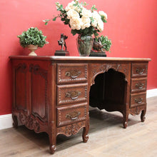 Load image into Gallery viewer, x SOLD Antique French Office Desk with Six Drawers Parquetry Top, Floral Detail. B12232
