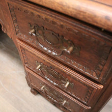 Load image into Gallery viewer, x SOLD Antique French Office Desk with Six Drawers Parquetry Top, Floral Detail. B12232
