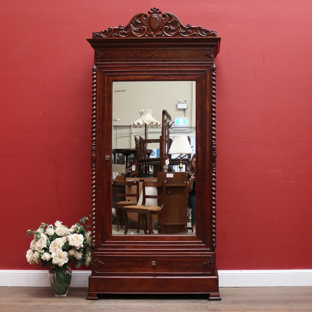 Antique French Walnut and Mirror Linen Press or Hall Cabinet with Mirror Door. B12238