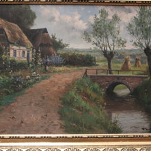 Load image into Gallery viewer, x SOLD Antique Dutch Framed Oil on Canvas, Country Farmhouse Scene, Country Cottage. B11185
