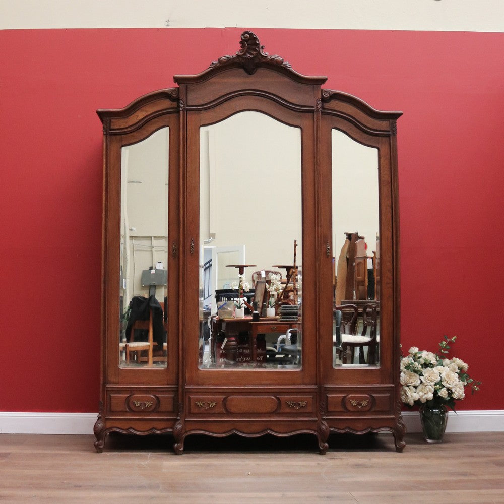 x SOLD Antique French Armoire, French Oak and Mirror Three Door Breakfront Wardrobe B11115