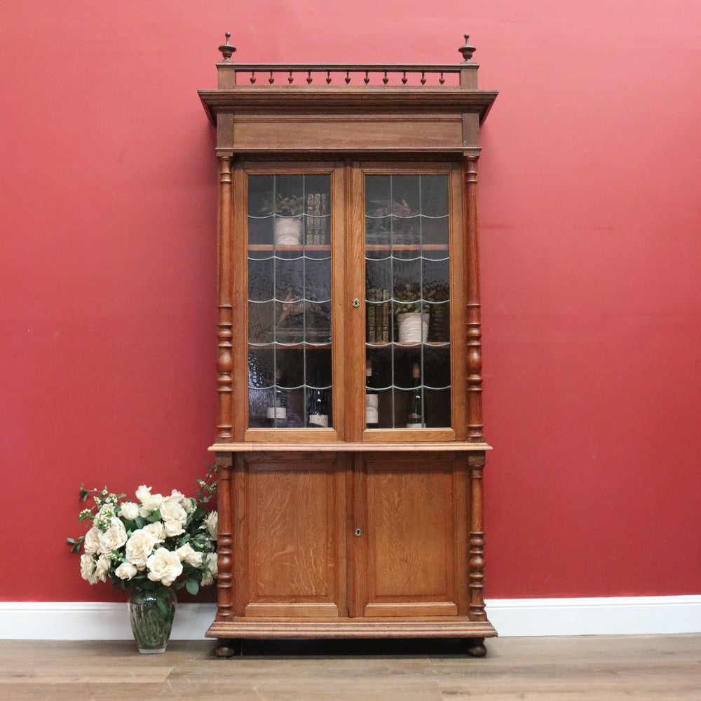 Antique French Oak Bookcase, Oak and Leadlight Bookcase, Narrow China Cabinet. B10910