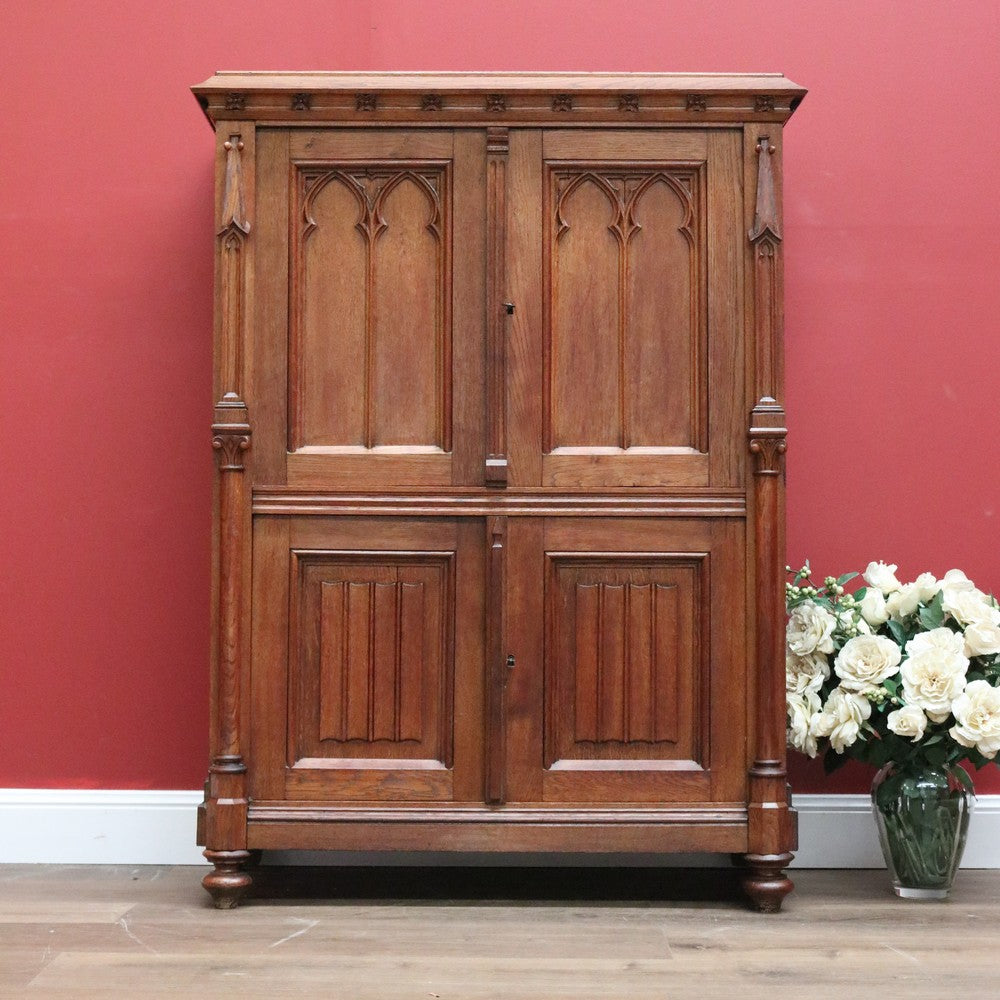 Antique Church Cabinet, Antique 4 Door Gothic French Cupboard Sideboard Cabinet B10755