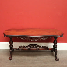 Load image into Gallery viewer, x SOLD Vintage Australian Cedar Coffee Table Scroll Work Stretcher Base, Side Table. B10434
