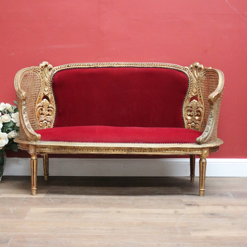Antique French Settee, Sofa, Gilt Timber, Cane, Fabric, Boudoir Chair, Armchair B11145