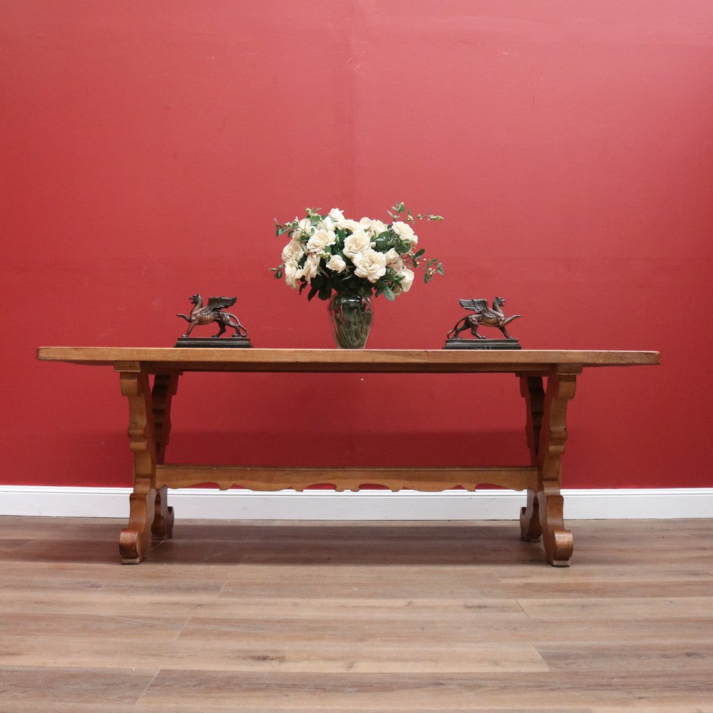 X SOLD Antique French Oak Refectory Table or Dining Kitchen Table with Stretcher Base. B11213