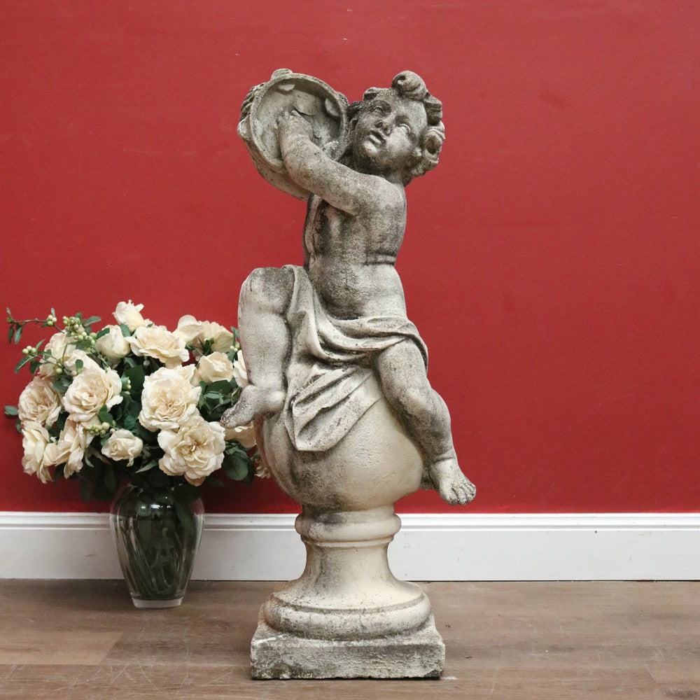 x SOLD French Cast Concrete Musical Putti Garden Ornament, Seated on a Sphere Plinth. B11284