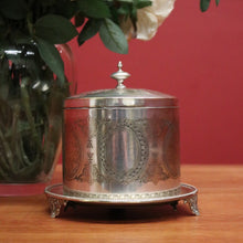 Load image into Gallery viewer, x SOLD Antique Silver Plate Biscuit Barrel Lift Lid Embossed Body Antique Lidded Vessel. B11244
