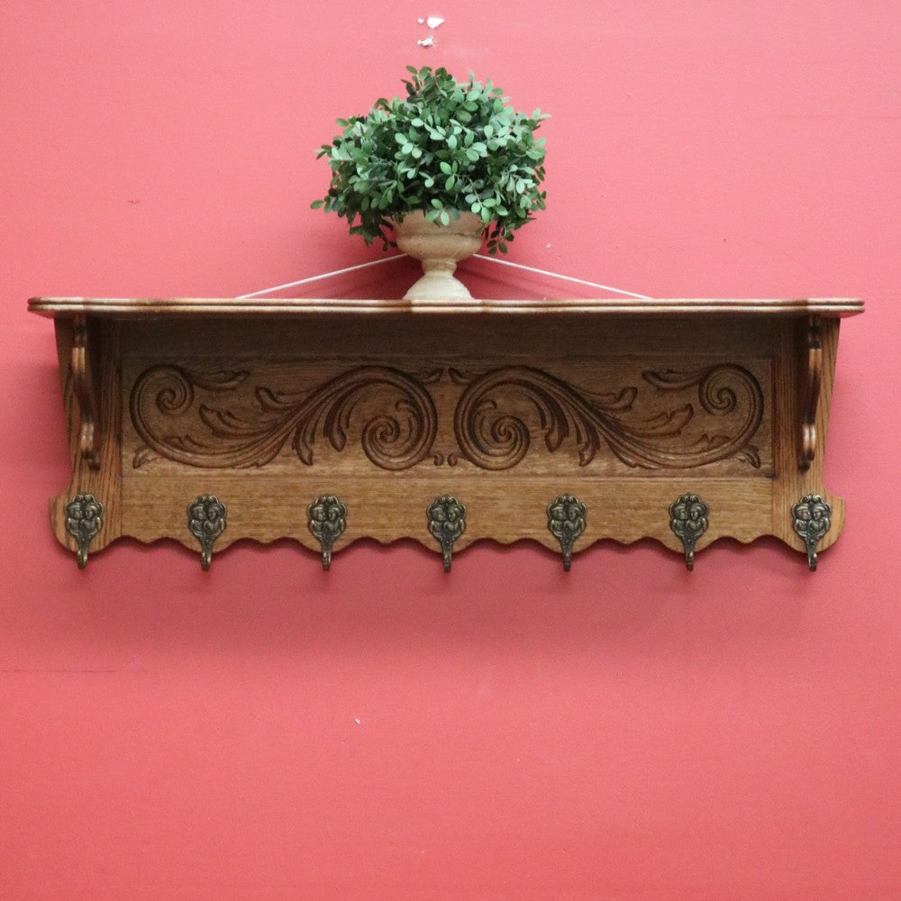 Vintage French Oak and Brass Hook Coat Rack, Hat Scarf Rack with Plate Rack 2 of 2 B10306