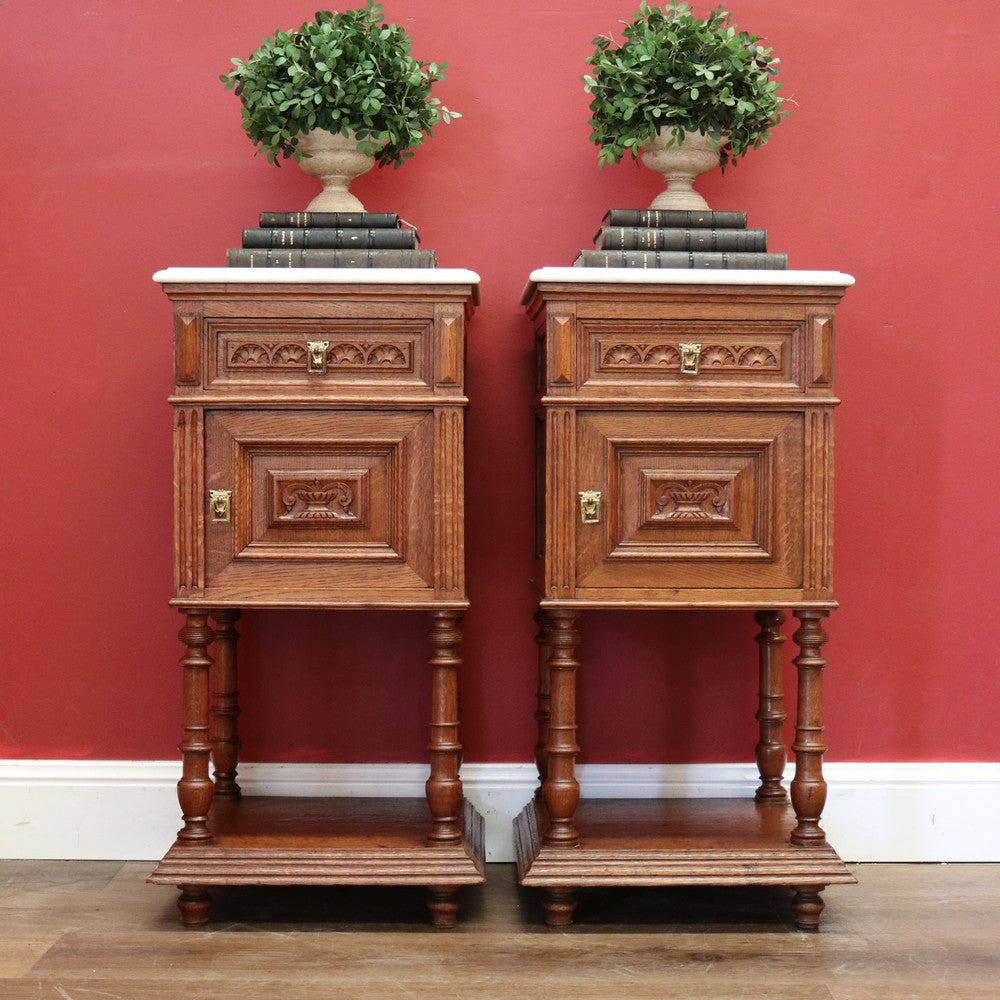 Antique French Bedside Tables, Oak and Marble Lamp Table, Lamp Bedside Cabinets B11130