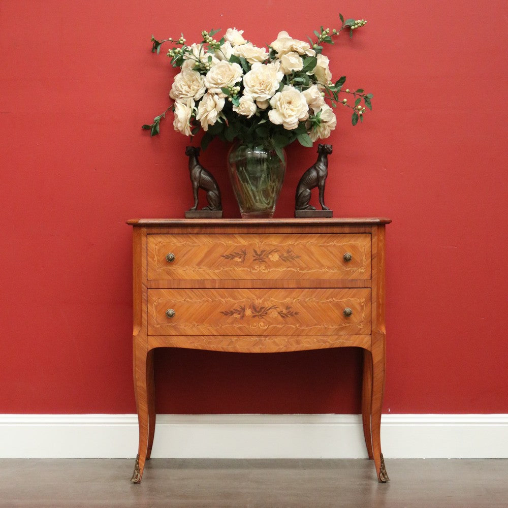 Antique French Chest of Drawers, Antique Walnut and Inlay 2 Drawer Hall Cabinet