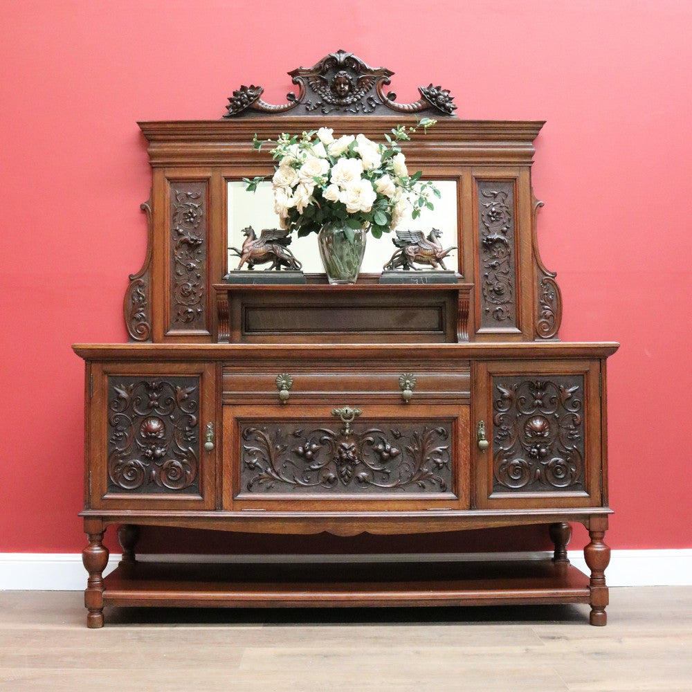 Antique English Sideboard, Oak Brass and Bevelled Mirror Buffet Cabinet Cupboard B10652