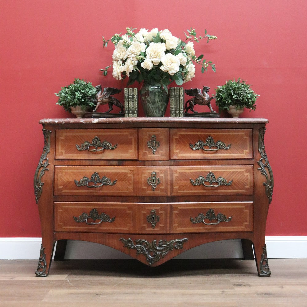 Antique French Chest of Drawers, Antique Walnut, Brass, Marble Chest of Drawers B10781