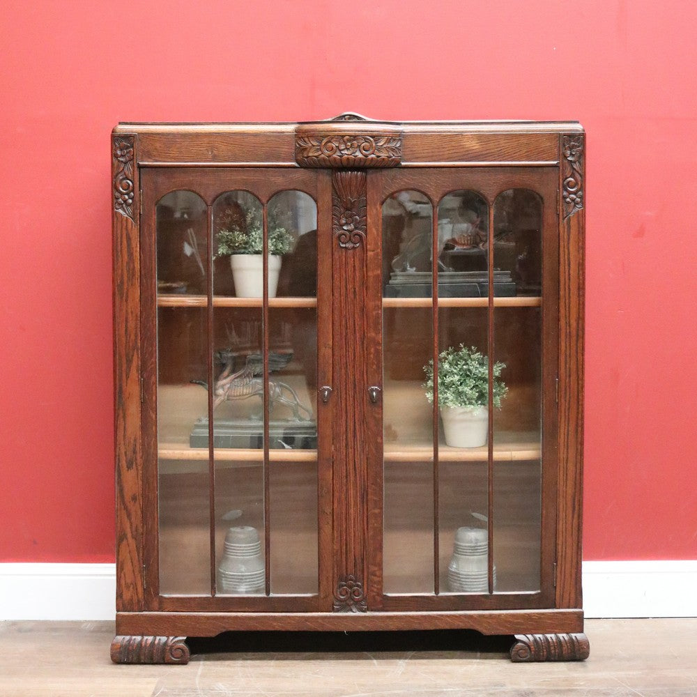 Antique English China Cabinet, Antique Oak Art Deco Two Door Display Cabinet B11062