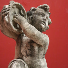 Load image into Gallery viewer, x SOLD French Cast Concrete Musical Putti Garden Ornament, Seated on a Sphere Plinth. B11284
