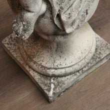 Load image into Gallery viewer, x SOLD French Cast Concrete Musical Putti Garden Ornament, Seated on a Sphere Plinth. B11284
