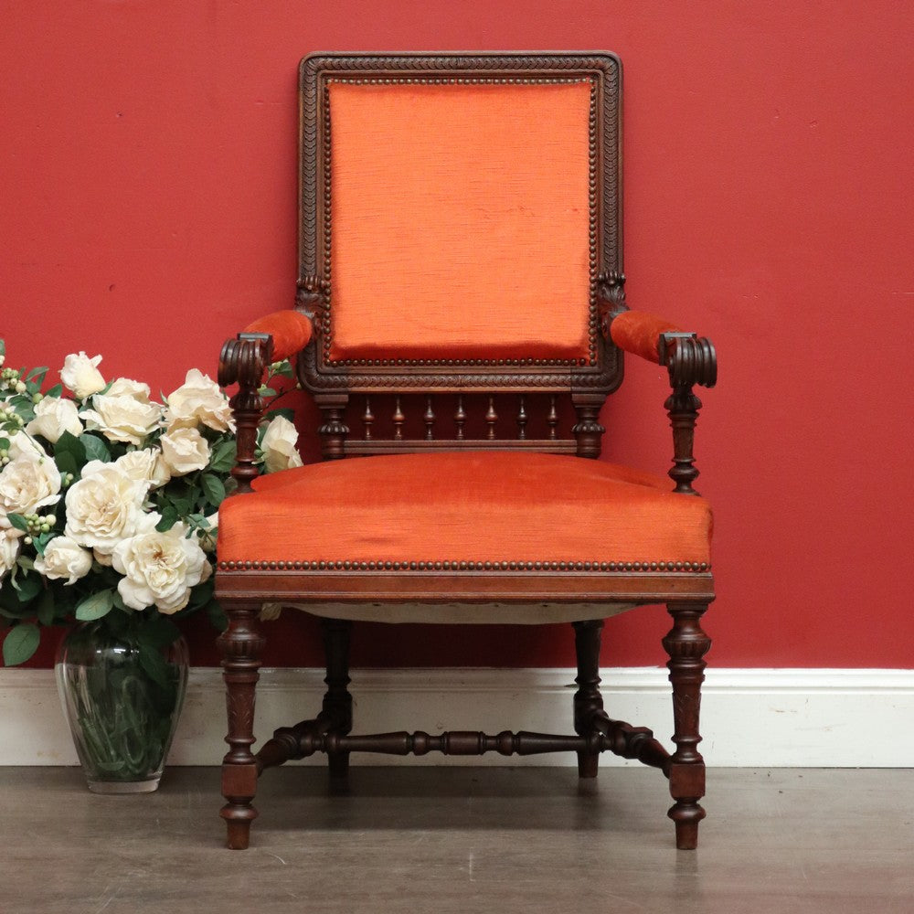 Antique English Walnut Arm Chair, Office Chair, Desk or Hall Chair Velvet Fabric
