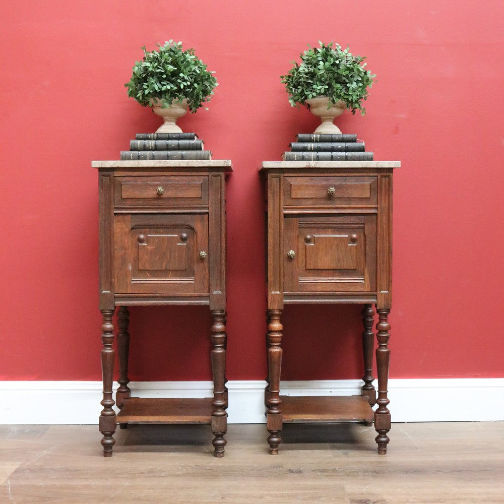 Pair of Antique French Bedside Tables, French Oak and Marble Top Lamp Tables B10774