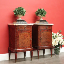 Load image into Gallery viewer, x SOLD Antique French Bedside Cabinet, Burr Walnut, Marble and Brass Lamp Side Tables. B10435
