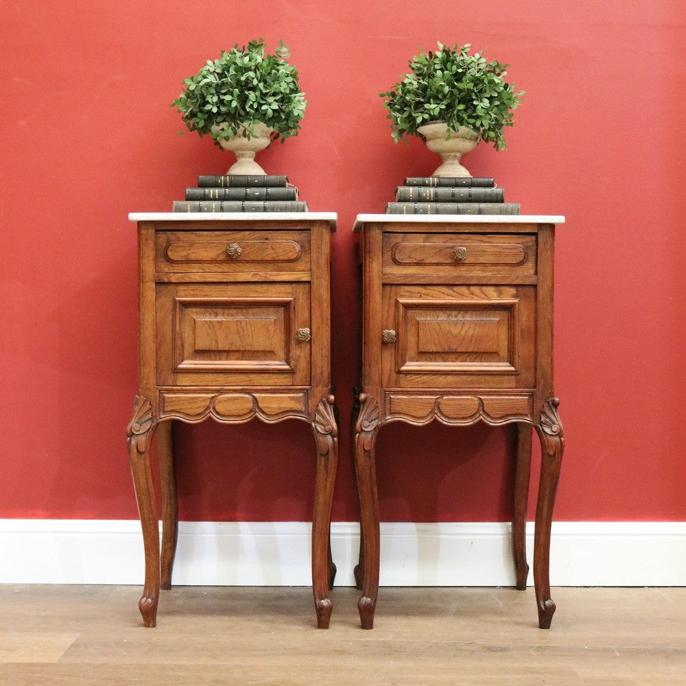 Antique Bedside Tables Cabinets, Lamp Side Tables Antique French Oak and Marble Tops B10297