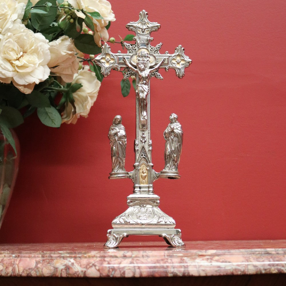 x SOLD Antique French Crucifix, Silver Plate Home Worship Christ on Cross. Religion B11134