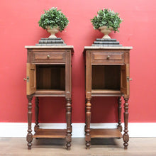 Load image into Gallery viewer, x SOLD Pair of Antique French Bedside Tables, French Oak and Marble Top Lamp Tables B10774
