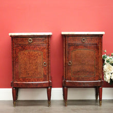 Load image into Gallery viewer, x SOLD Antique French Bedside Cabinet, Burr Walnut, Marble and Brass Lamp Side Tables. B10435
