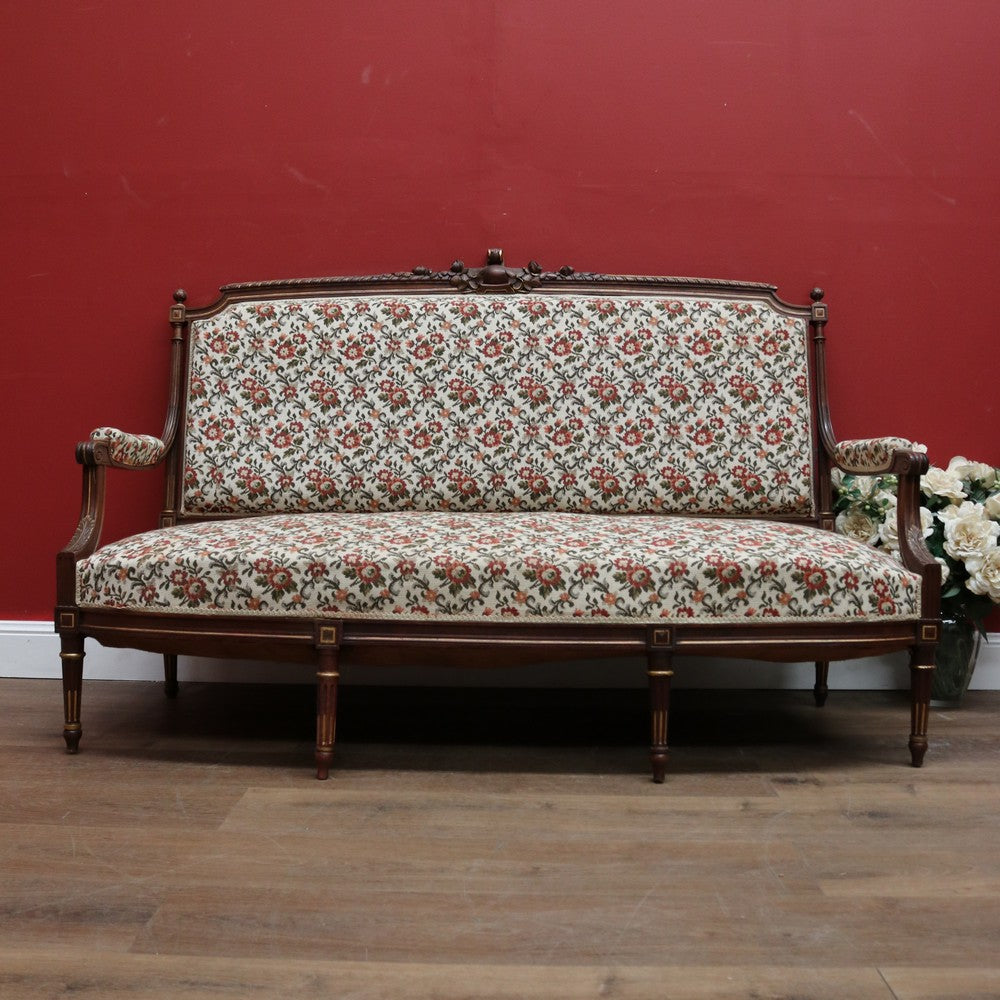 Antique French Settee, Lounge  or Sofa, Walnut and Gilt Frame Rust Amber Flowers B11186