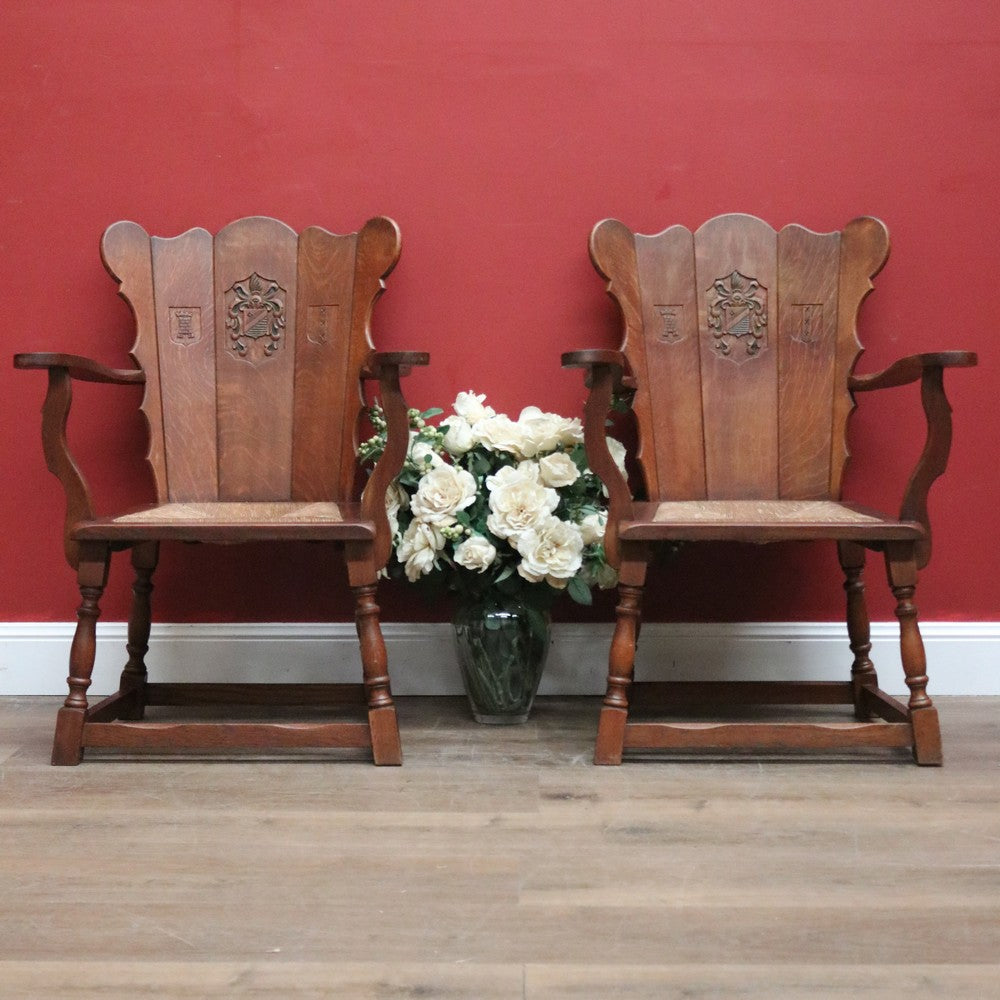 Set of Two Armchairs, Pair of Antique French Oak Heraldic Chairs, Coat of Arms B11046